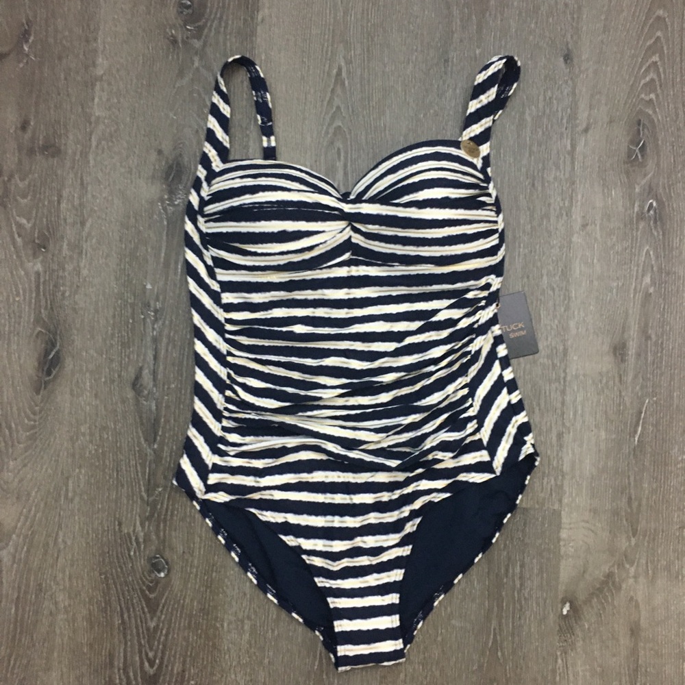 NiptuckSwim navy white & gold striped bathing suit